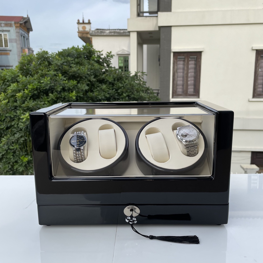 Hộp xoay đồng hồ cơ 4 xoay - Gỗ sơn mài - Có đèn led - Mở lắp tự dừng - Bản full chức năng