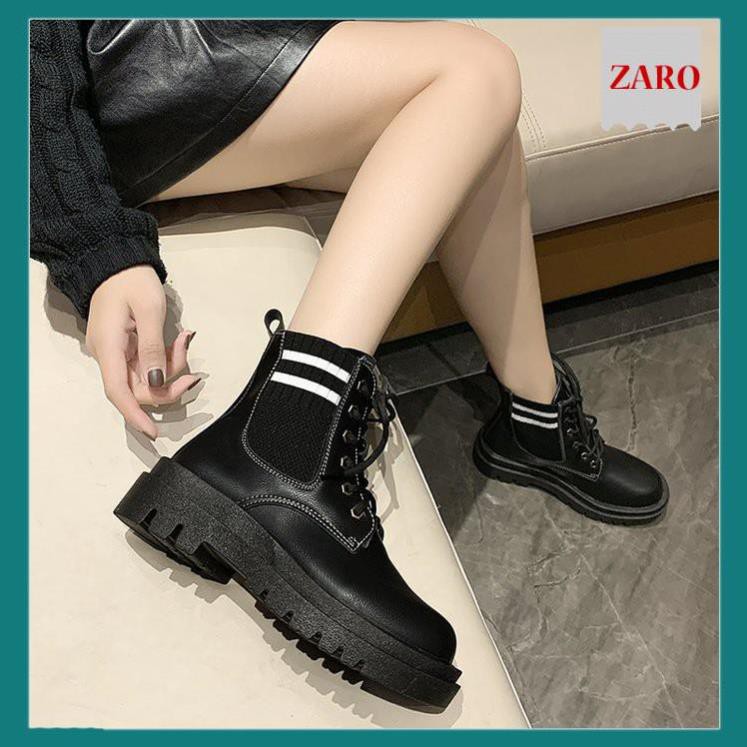 Giày bốt cổ thấp Martin cho nữ, boots cổ thấp có dây màu đen cổ tròn phối len TET