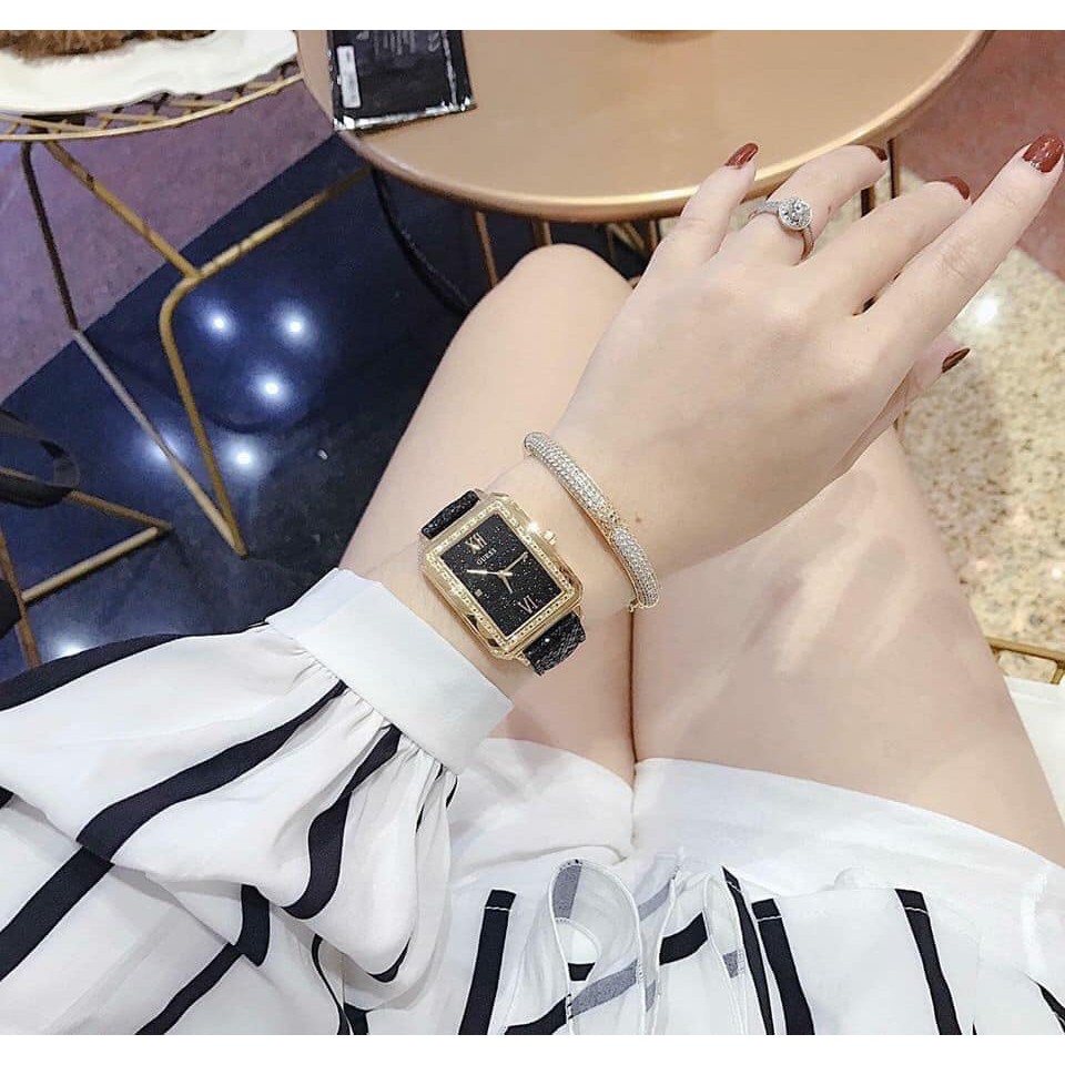 Đồng hồ nữ Guess #Chipu vuông dây nhũ - Máy Quartz Pin - Kính cong cứng