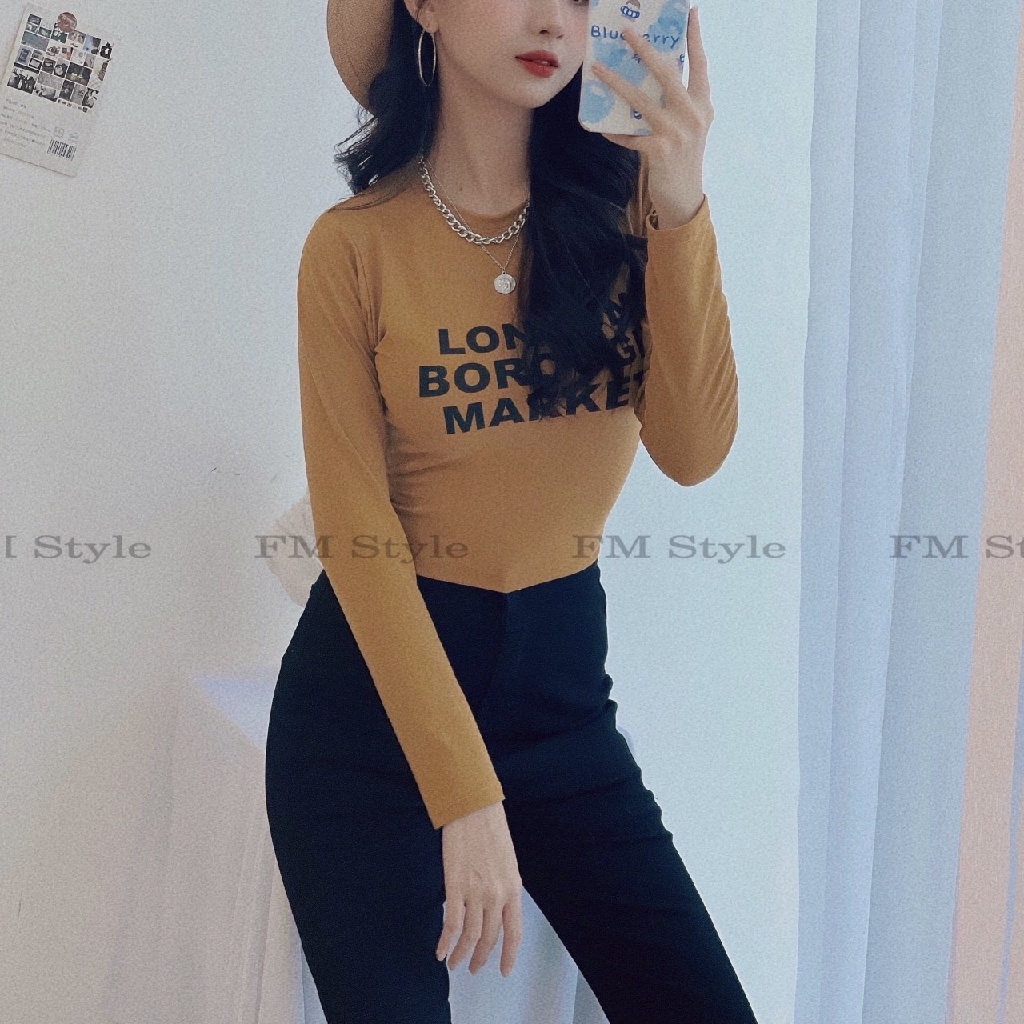 Áo thun nữ tay dài FM Style dáng croptop ôm tôn vòng 1 khoe vòng 2 hoa tiết in chữ thời trang thu đông