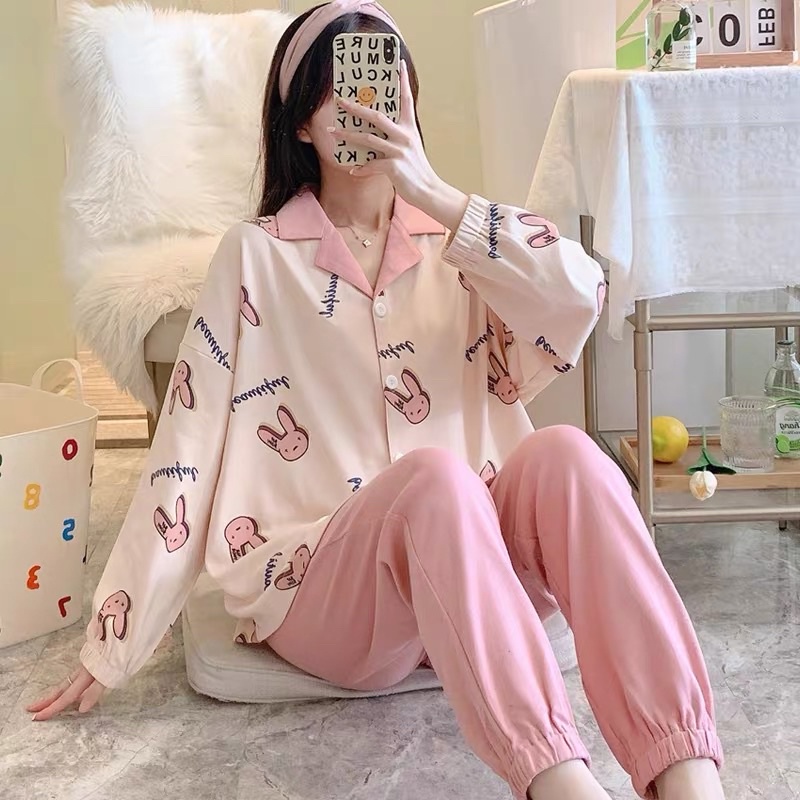 Bộ Ngủ Pijama Dài Tay Thỏ Hồng Xinh Xắn Mặc Nhà Form Rộng | BigBuy360 - bigbuy360.vn