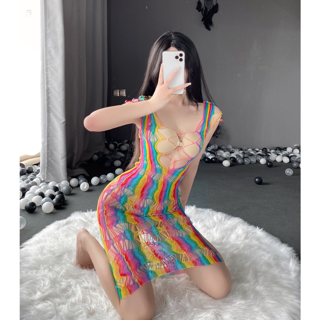 Váy ngủ lưới 7 sắc cầu vồng dáng dài gợi cảm MS07