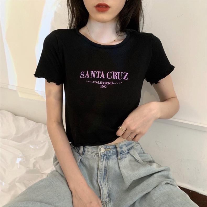 Áo Croptop Tay Ngắn Cổ Tròn Thêu Chữ Santa Cruz Trắng Đen SHTACR07