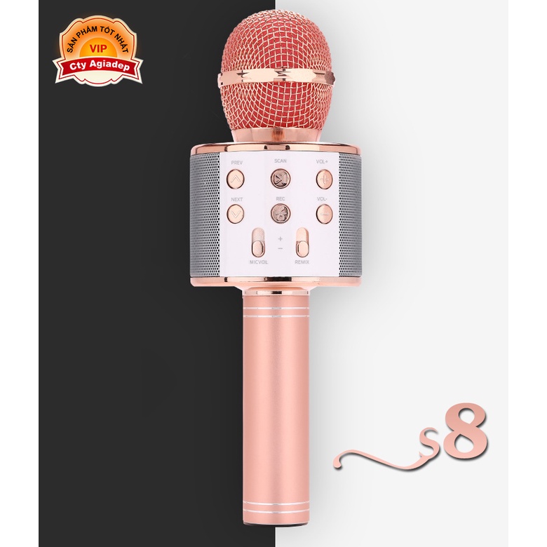 Mic micro hát karaoke cho điện thoại kết nối bluetooth S8 pin sạc