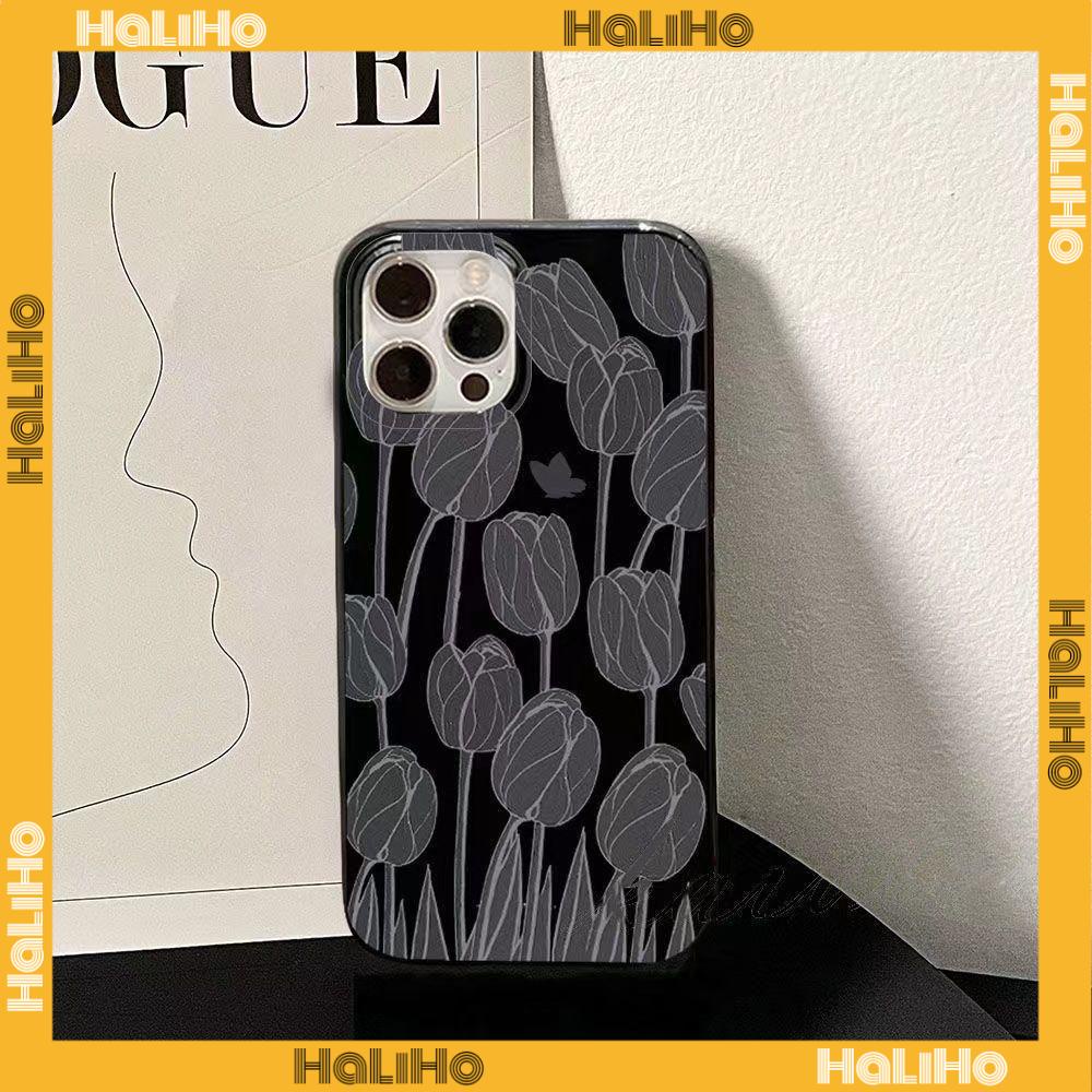 Case For iPhone 14 Series TPU Soft Case Tulips &amp; Butterflies Glossy Black Candy Case Camera Protection Shockproof For iPhone 14 13 12 11 Plus Pro Max 7 Plus X XR
