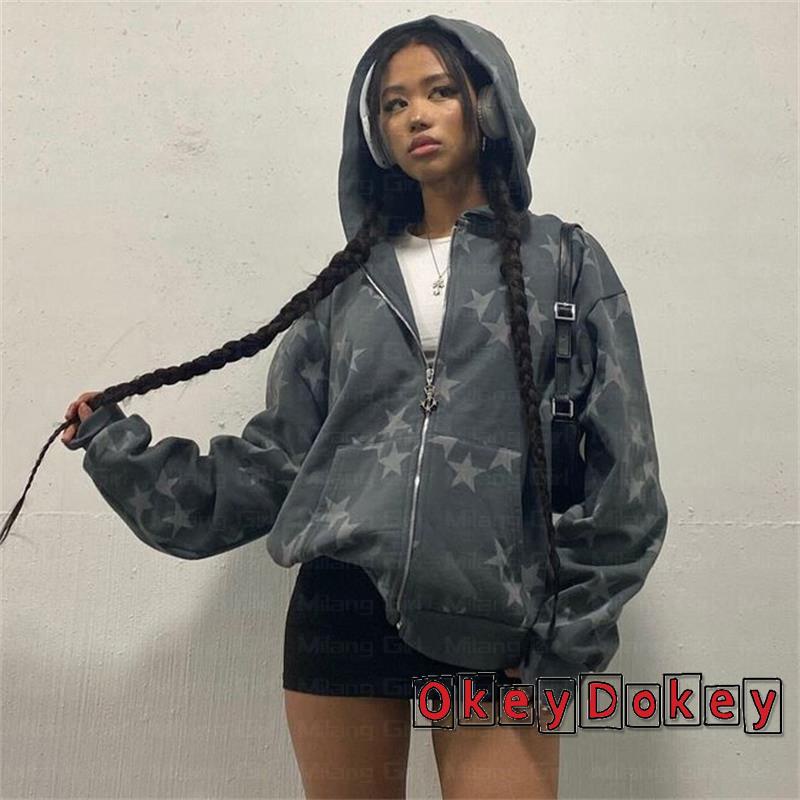 Áo Khoác Dài Tay Có Khóa Kéo In Họa Tiết Ngôi Sao Phong Cách Đường Phố Vintage