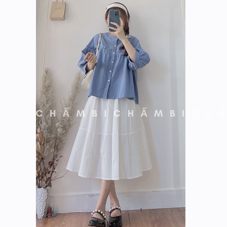 Set kiểu Hàn Quốc S.049, Set áo babydoll cổ tàu bèo ngực trắng cùng quần short nâu