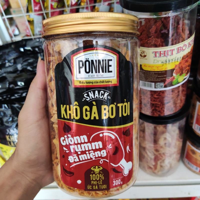 Khô gà giòn Ponnie vị lá chanh, bơ tỏi hũ 300g