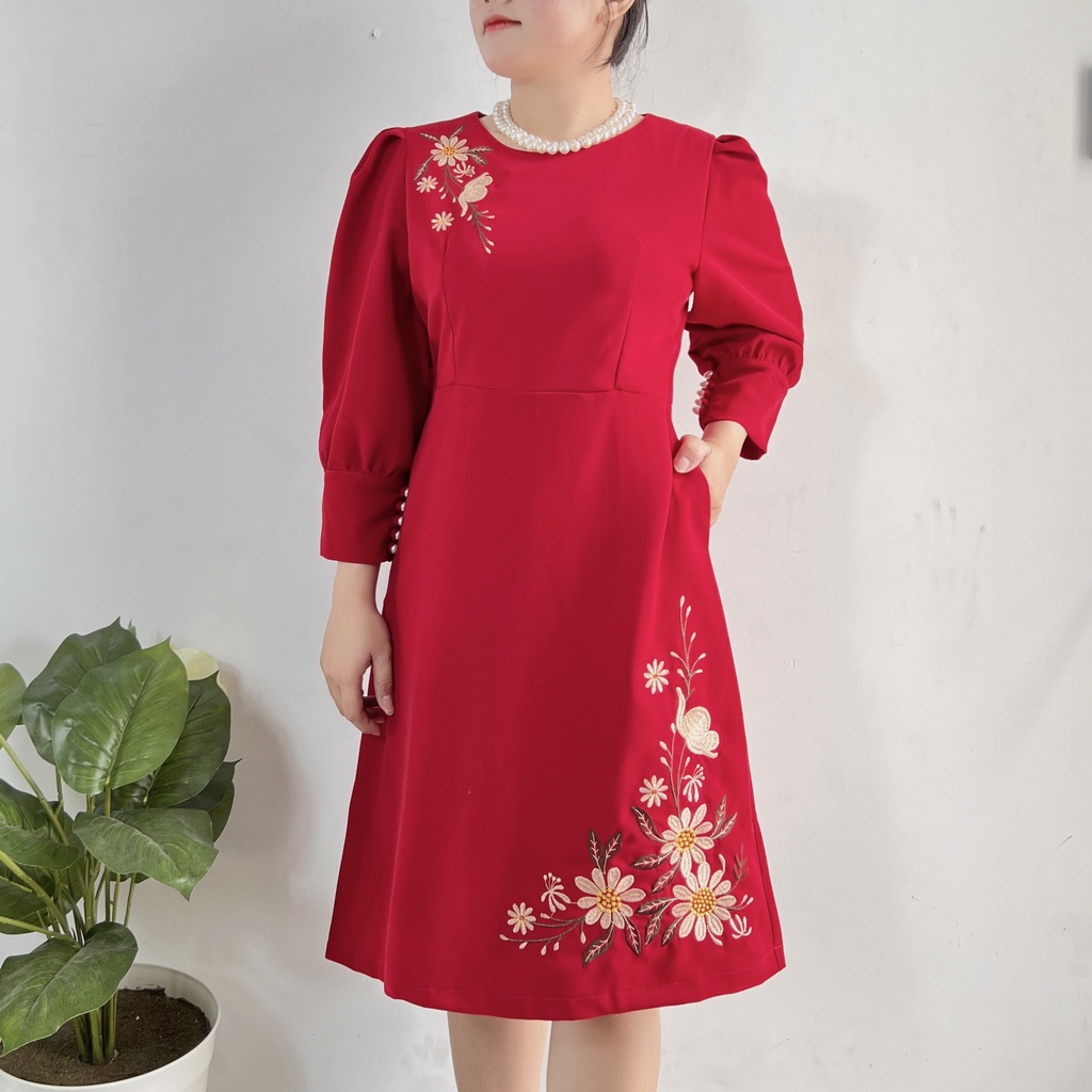Đầm thêu hoa tay đính ngọc CG-03, thiết kế trung niên MIUCO, kiểu dáng sang trọng, thêu hoa bản lớn, đầm tặng mẹ