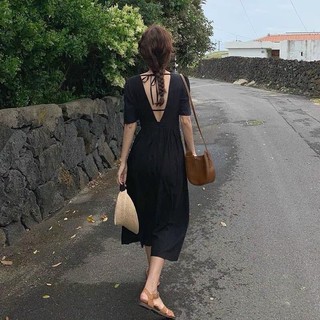 Đầm MIDI Đen Đắp Chéo Hở V Đan Lưng