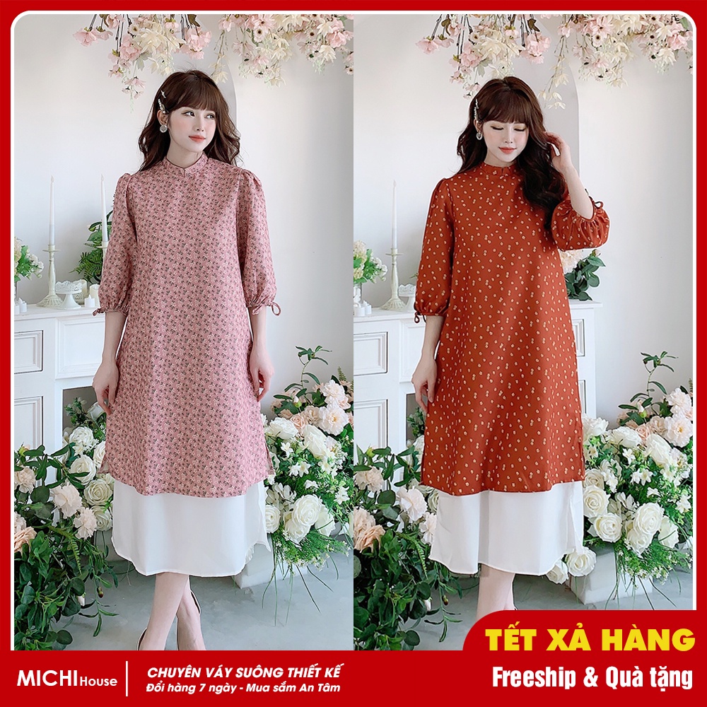 Váy Suông Dáng Áo Dài Cách Tân Thời Họa Tiết Hoa Truyền Thống MICHI House V347 Đầm Xuông Thiết Kế Mặc Tết Đi Tiệc
