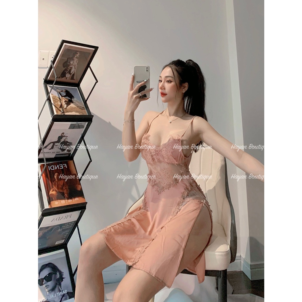 HT72 Váy ngủ sexy viền ren xẻ hông quyến rũ, đồ ngủ lụa mặc nhà gợi cảm HT72
