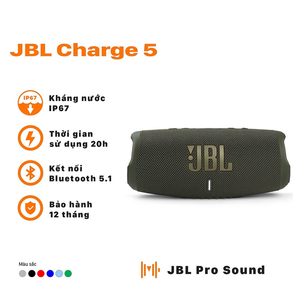 Loa Nghe Nhạc Bluetooth JBL Charge 5, Speaker Di Động Đèn Led Bass Mạnh T&T