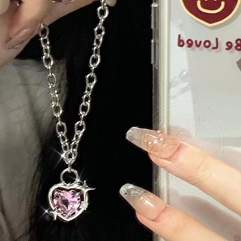 Vòng cổ Bạc Mặt Trái Tim Đính Đá Zircon Hồng Ngọt Ngào