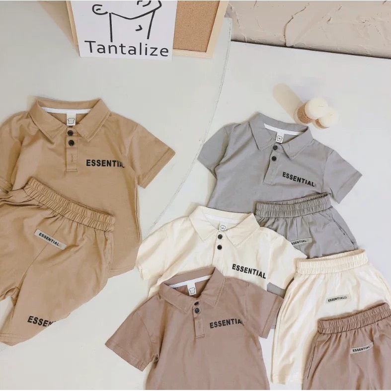 Bộ quần áo cho bé, Bộ essential trẻ em áo cổ polo, quần lửng hàng Quảng Châu chất cotton mềm đẹp cho bé từ 11-27kg