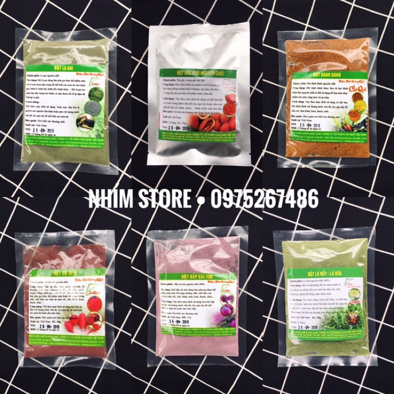 50g bột tạo màu tự nhiên (lá nếp lá dứa /hoa đậu biếc /dành dành /củ dền /lá gai /gấc /khoai lang tím/cẩm tím/ lá khúc)