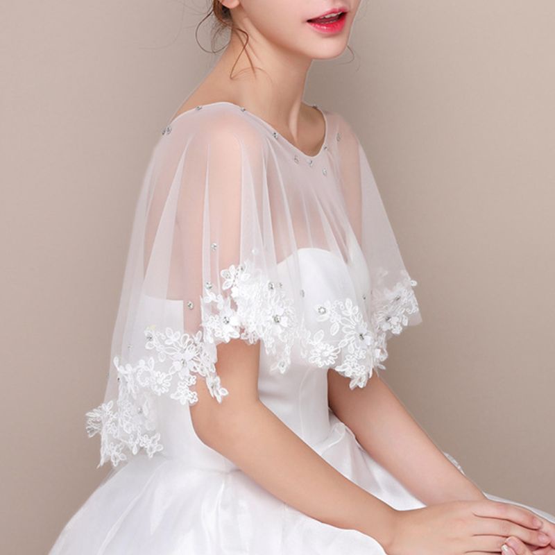 Áo Choàng Ren Hoa Gợn Sóng Đính Hạt Cườm Lấp Lánh Dành Cho Cô Dâu