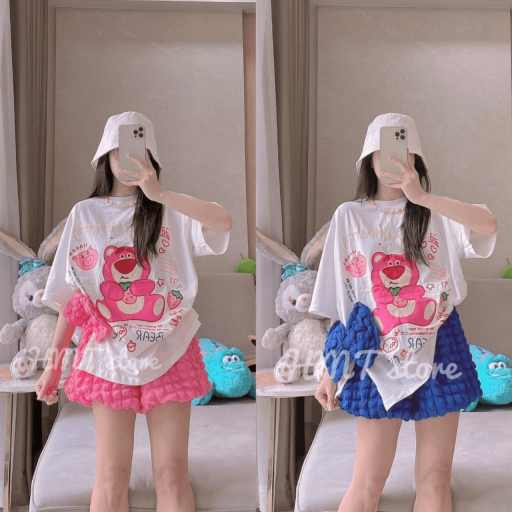 (Free Ship) SÉT BỘ ÁO THUN COTTON IN HÌNH GẤU DỄ THƯƠNG PHỐI QUẦN XỐP Ô VUÔNG CỰC HOT UP Shop VLTN