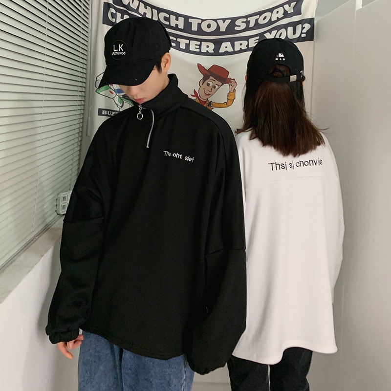 Áo sweatshirt dáng rộng tay dài cổ cao phối khóa kéo nửa thời trang Hàn Quốc
