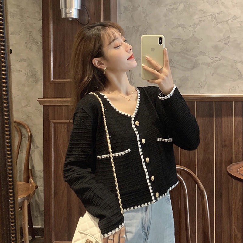 Áo Cadigan Dài Tay Dệt Kim Dáng Croptop 2 Màu Đen, Trắng Hàn Quốc Ulzzang