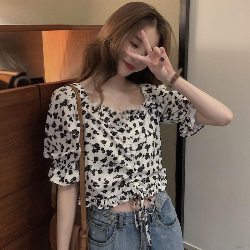 Áo croptop tay ngắn dáng ôm phối dây rút họa tiết hoa phong cách Pháp thời trang cho nữ