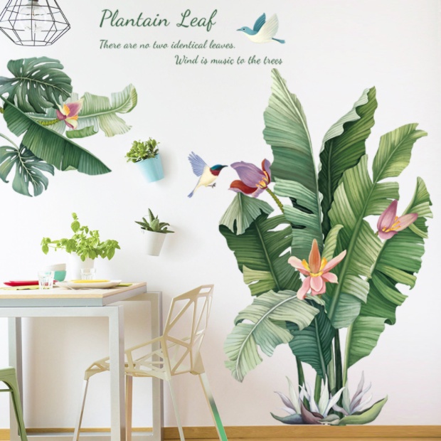 Decal trang trí tường - Bụi lá chuối và 2 chú chim-BA2101