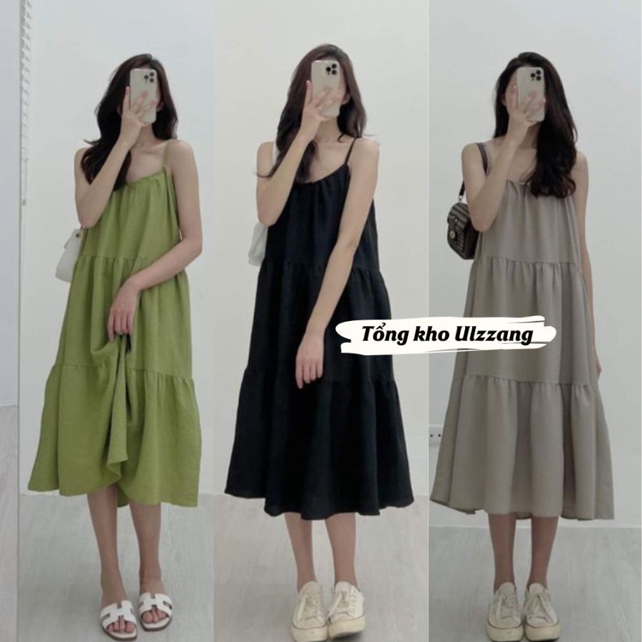 Váy đầm hai dây maxi xòe tầng đi biển dáng babydoll rộng chất đũi mềm mát