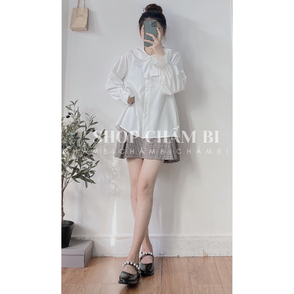 Áo kiểu nữ đẹp A.247, Áo sơ mi trắng tay bo chun cổ sen thắt nơ chéo phong cách Hàn Quốc