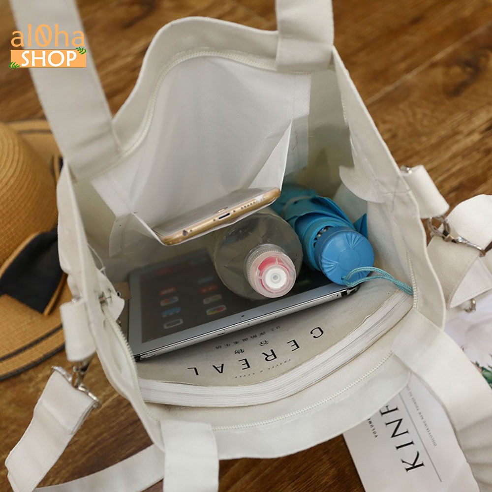 Túi tote đeo vai, đeo chéo vải bố canvas T046 nữ 2 dây đựng đồ đi học, đi chơi mềm đẹp - al0ha Shop