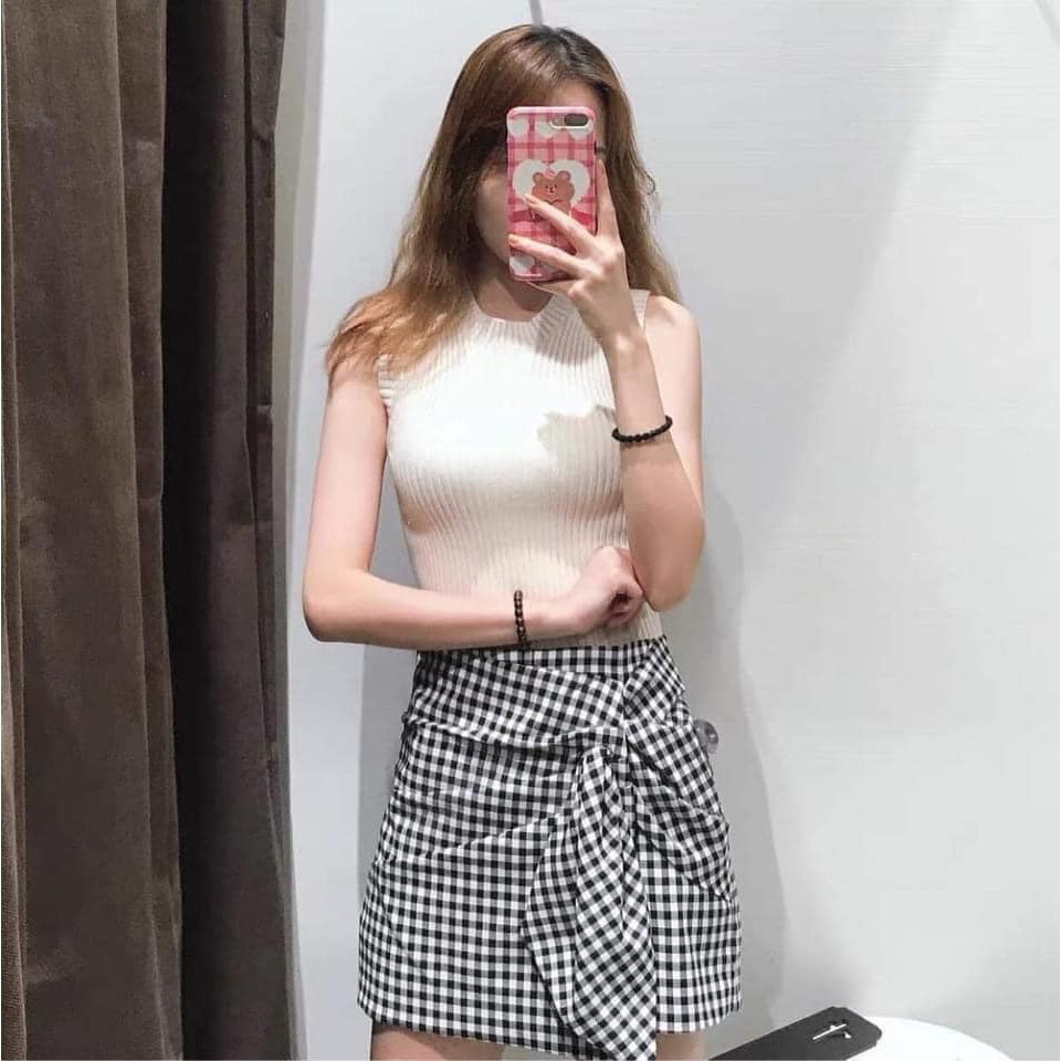 chân váy nữ có quần trong chấy kẻ thô Xước Xoắn Nơ Hot Trend