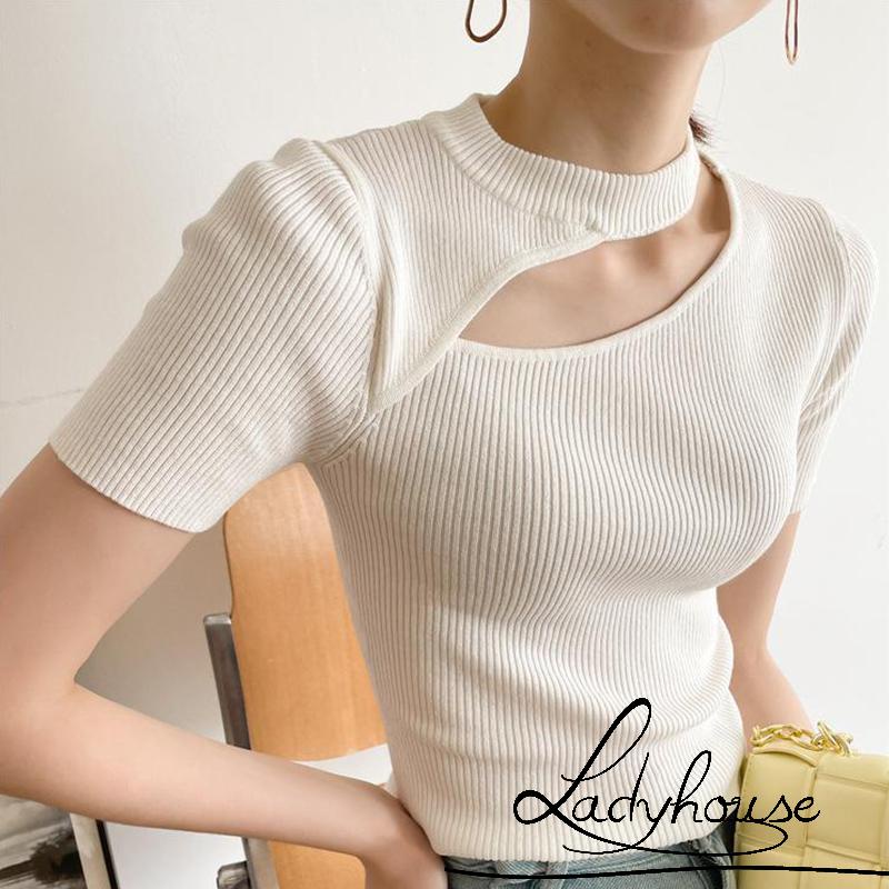 Áo Thun Dệt Kim Chui Đầu Cổ Tròn Tay Ngắn Màu Trơn Khoét Gân Cho Nữ