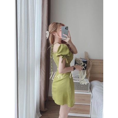 Váy cổ yếm nơ tay tiểu thư xinh xắn