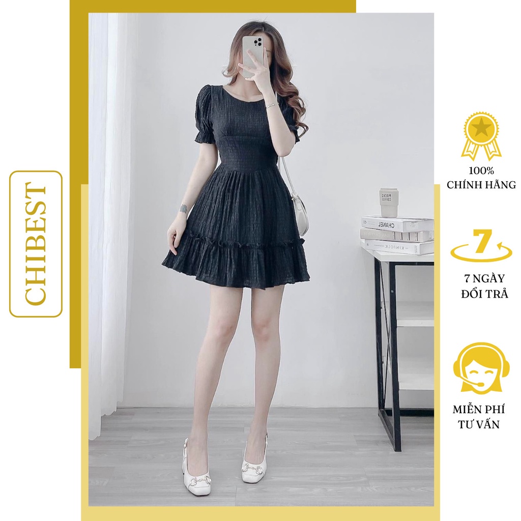 Đầm xòe nữ bèo tầng tay chun bồng chất xốp cut chun lưng CHIBEST ADB52