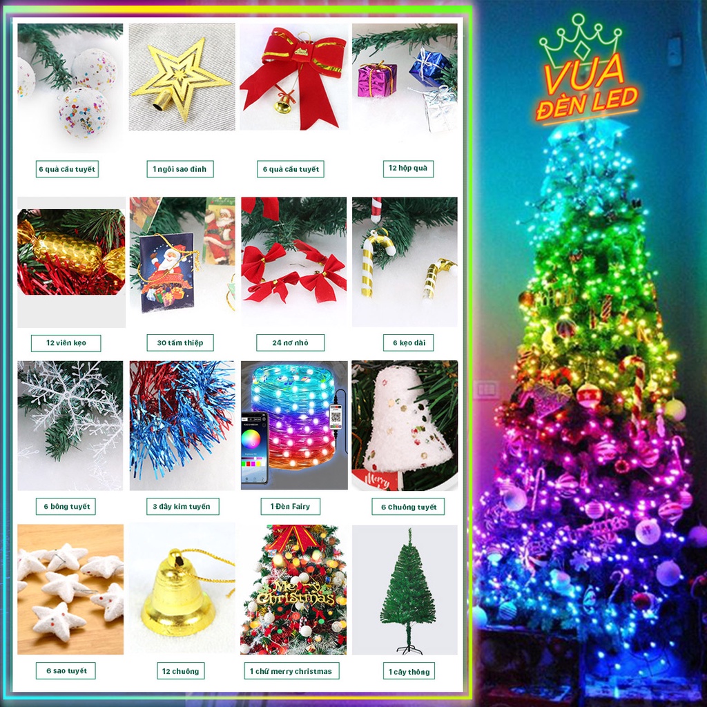 Cây thông Noel 1M5 đầy đủ phụ kiện kèm đèn fairy light 16 triệu màu điều khiển APP điện thoại