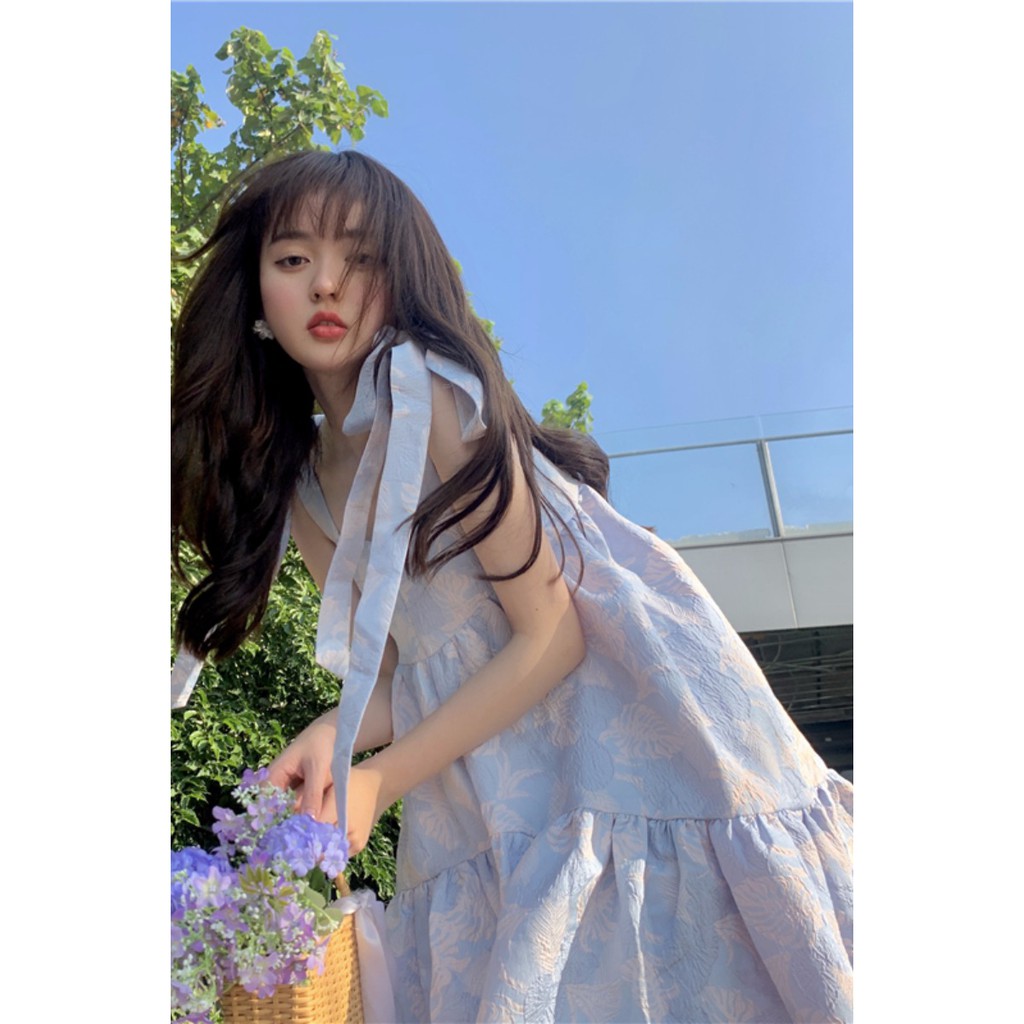 (ORDER) Váy hai dây thắt nơ vai dáng babydoll xòe bồng bềnh nhún bèo điệu đà màu xanh loang (HÀNG_MỚI_VỀ) -1