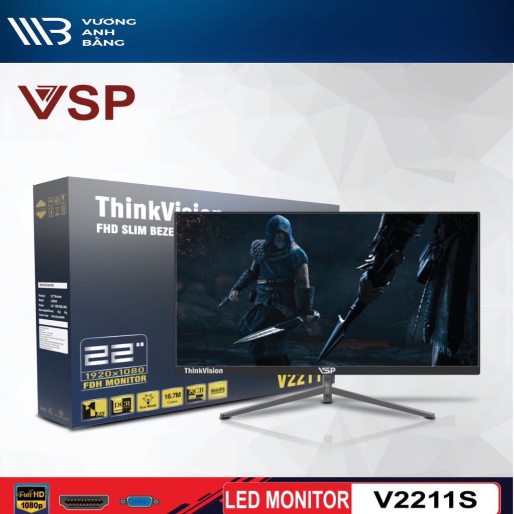 Màn hình LCD 22'' VSP V2211S Black/White  (TFT - VGA, HDMI, 1920x1080, 75Hz, Full viền) - Tặng kèm đefn màn hình