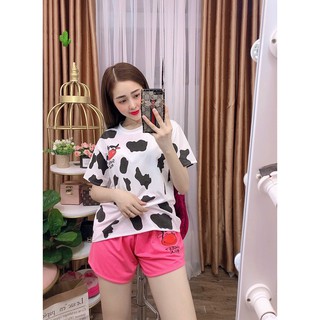 Bộ Mặc Nhà Nữ, Áo Thun Tay Ngắn Hoạ Tiết Bò Sữa Phối Quần Cọc Màu Trơn Chất Cotton Siêu Mát.