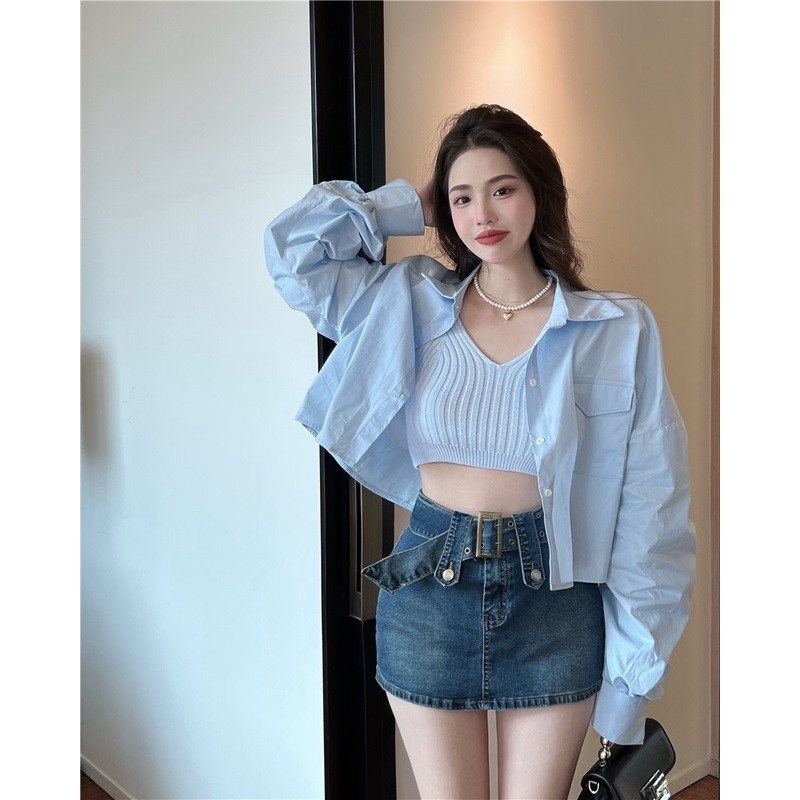 Bộ Áo Sơ Mi Dài Tay Phối Nút + Áo Khoác Dệt Kim Không Tay Xinh Xắn