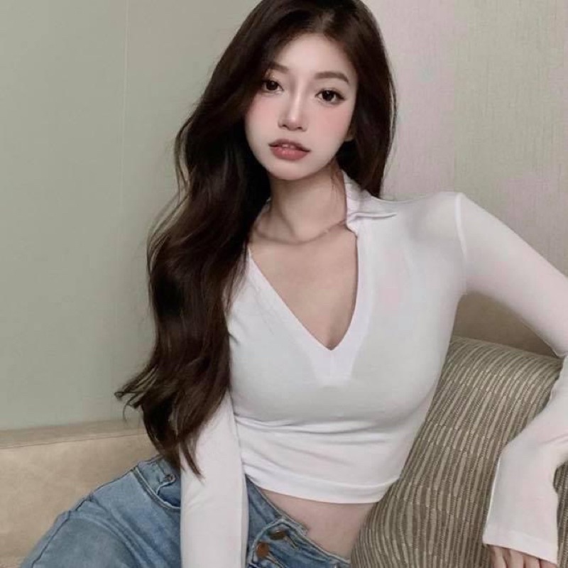 Áo thun kiểu nữ tay dài polo cổ v croptop trơn co dãn basic - Order taobao quảng châu