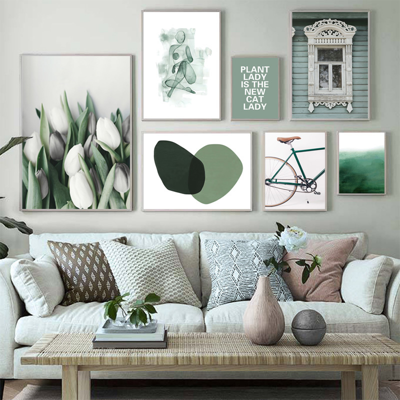 Tranh vải canvas treo tường họa tiết hình học màu xanh lá phong cách Bắc Âu nghệ thuật trang trí phòng khách