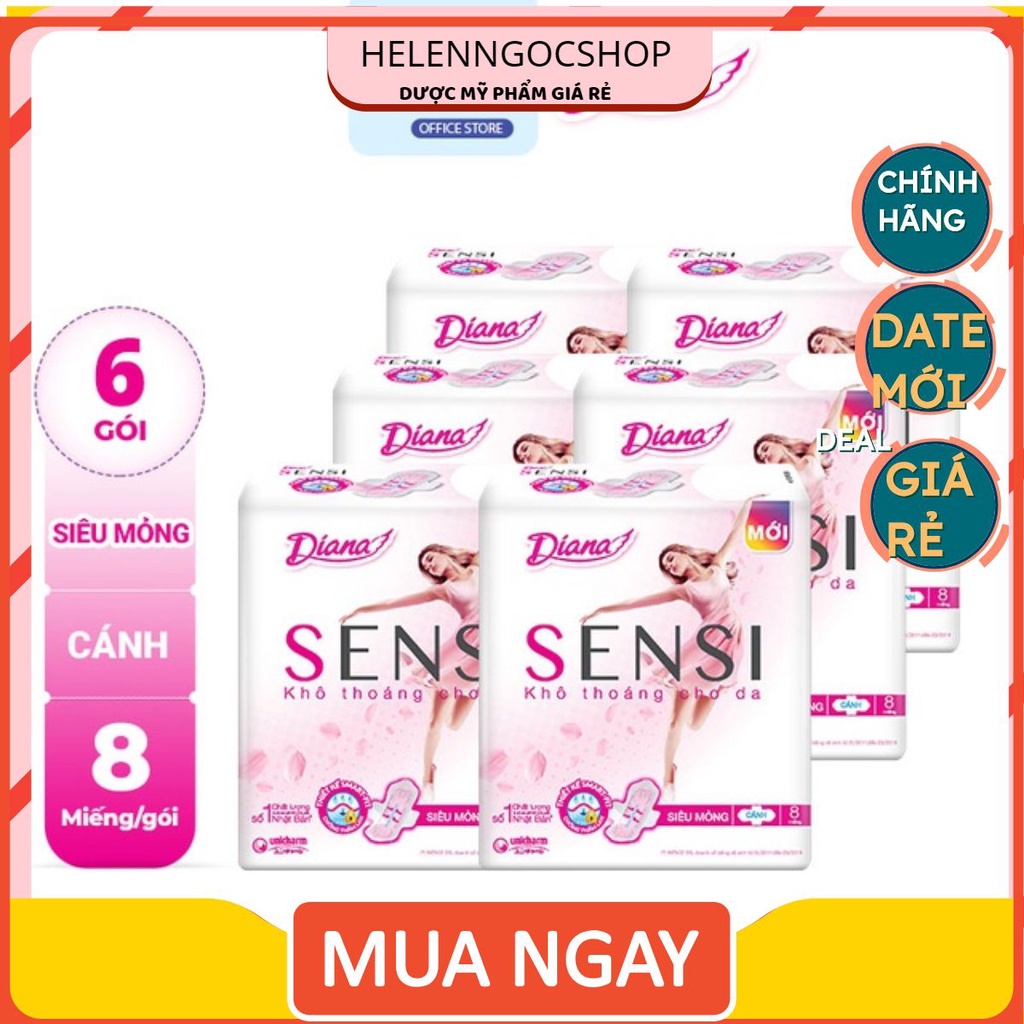Bộ 6 gói Băng vệ sinh Diana Sensi siêu mỏng cánh gói 8 miếng