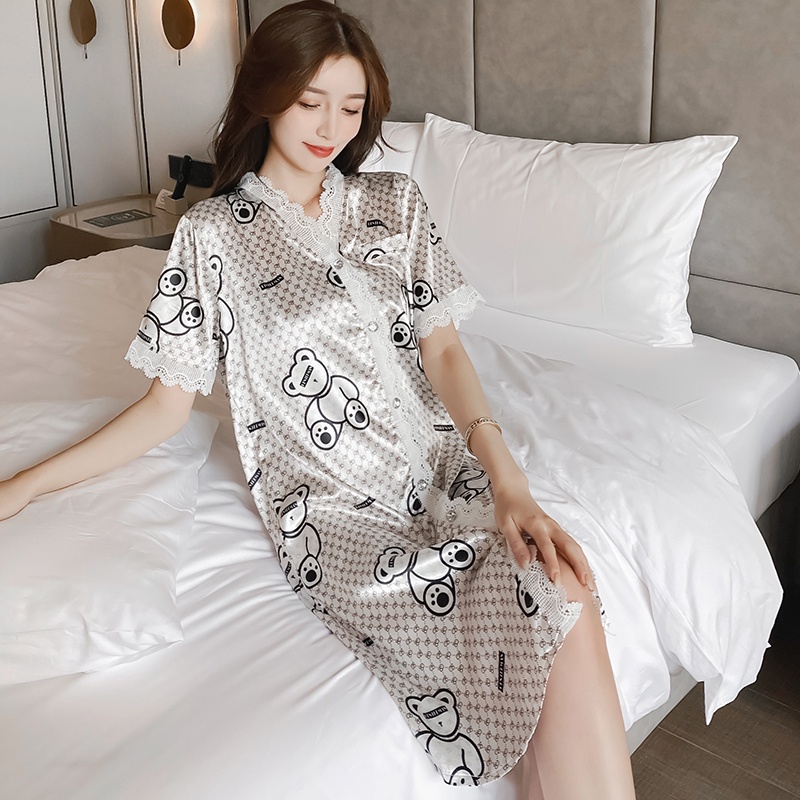 Đầm Ngủ Tay Ngắn Bằng Lụa Satin Thoải Mái Thời Trang Phong Cách Hàn Quốc Cho Nữ Size M-2XL