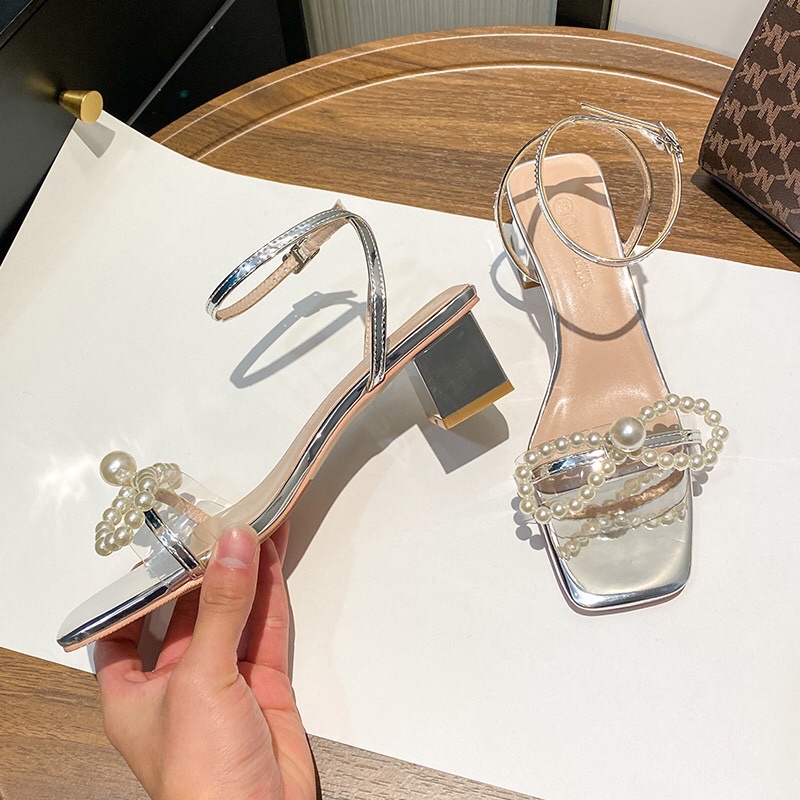 Sandal nữ gót vuông 5cm quai ngang nơ ngọc