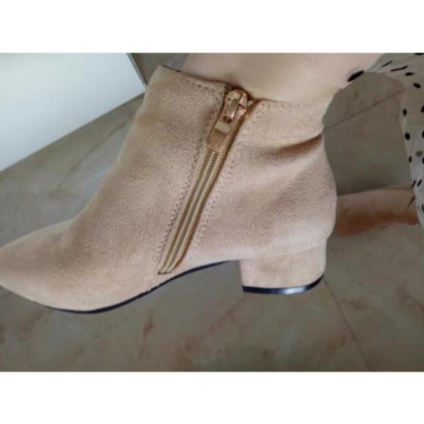 Boots cổ ngắn/Giày nữ, khóa kéo phá cách, da lộn, đế thấp, mũi nhọn, gót thô, kiểu dáng Âu Mỹ 🍊 ⚾️
