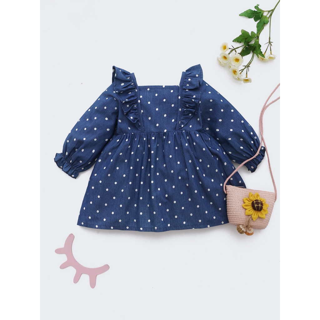 Đầm Mikrdoo thời trang tay dài phối bèo họa tiết chấm bi in đáng yêu dành cho bé gái sơ sinh