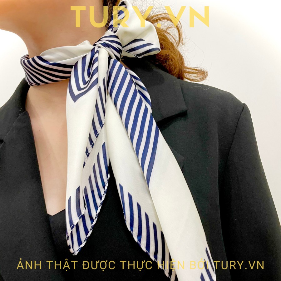Khăn Lụa Vuông Turban 70x70cm Làm Áo Yếm Khăn Quàng Cổ Sọc Xanh Đen Nền Trắng - Tury.vn - Mã TB009