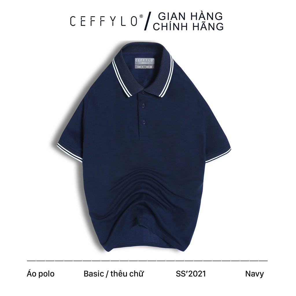 Áo Polo tay thêu chữ Xanh Navy vải Cotton mềm mịn CEFFYLO