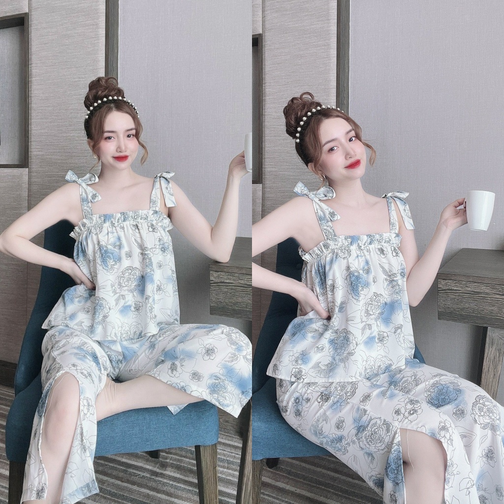 Đồ Ngủ 2 Dây - Đồ Ngủ Sexy Quần Dài Xẻ Tà Có Túi Chất Lụa Mango Mềm Mát Freesize Dưới 58kg - Linqustore