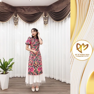 Áo dài cách tân mặc tết chất gấm màu hồng in hoa