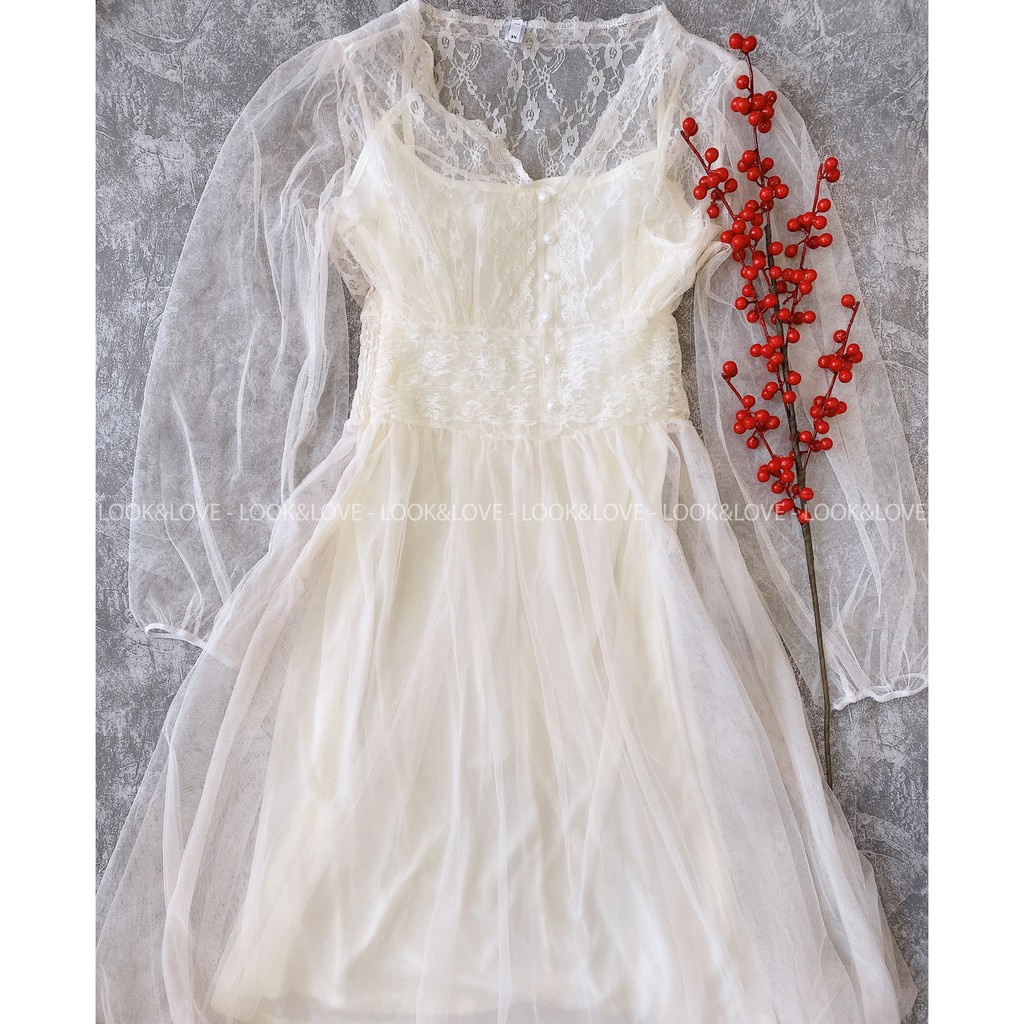 Váy đầm dự tiệc sang trọng Look&Love đầm trắng công chúa tiểu thư chiết eo tay bồng, Mã L002